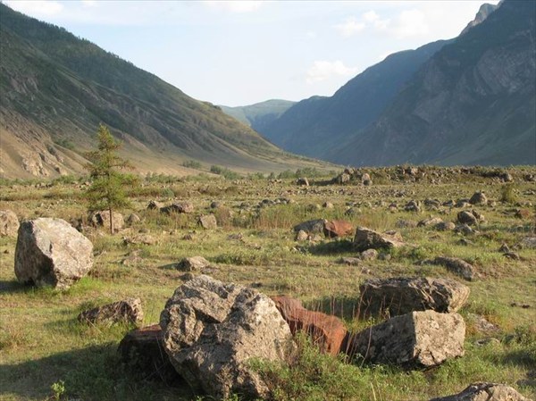 Долина Чулышмана с древними ирригационными каналами и курганами
